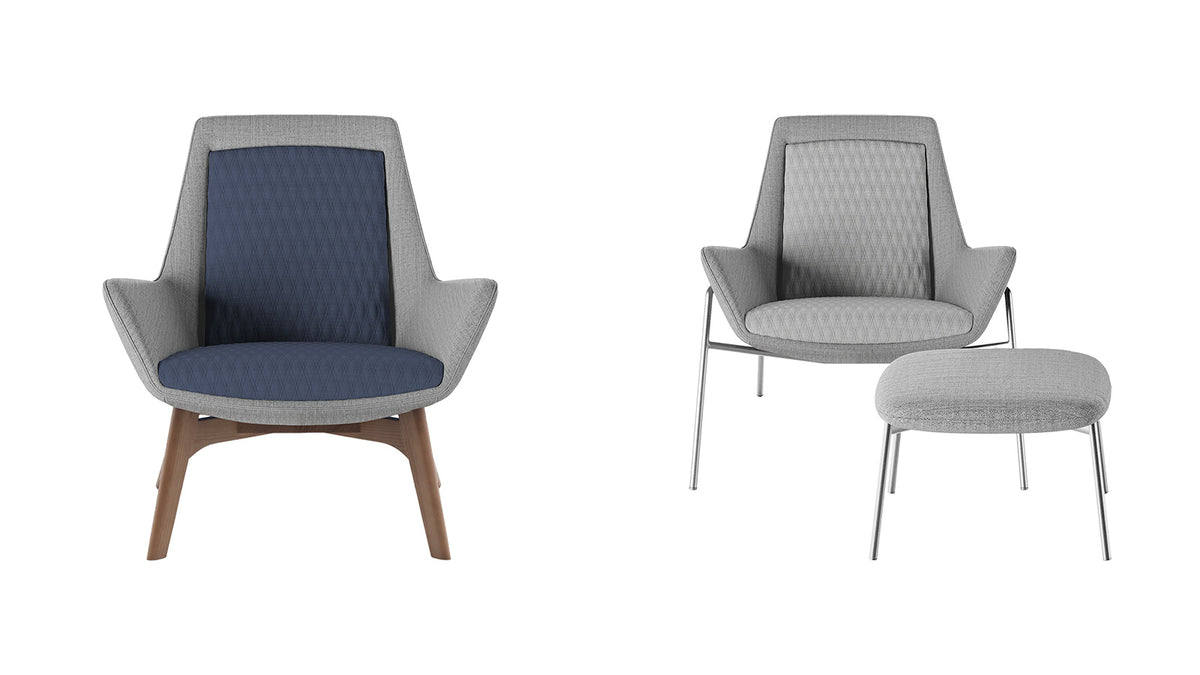 Fauteuil met grijze schaal en blauwe zitting op houten poten, met een tweede uitvoering en voetenbank