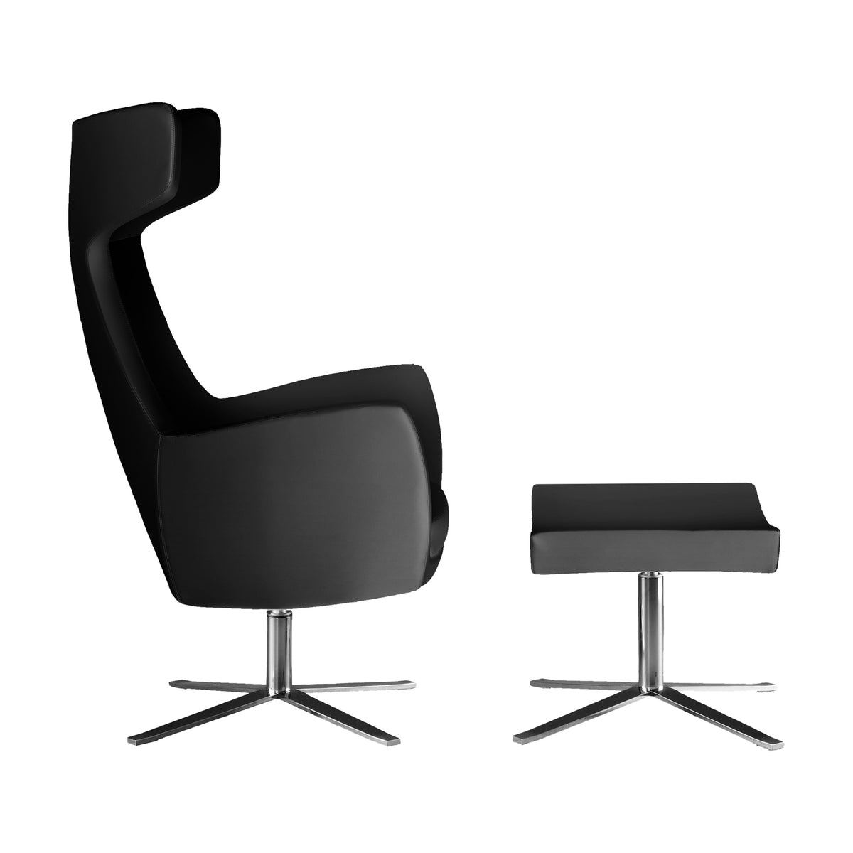 Solo fauteuil in zwart op stervoet met bijpassende voetenbank