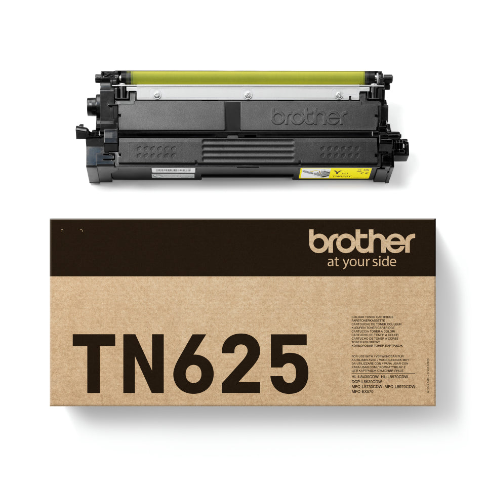Brother TN-625 tonercartridge geel, origineel, op witte achtergrond