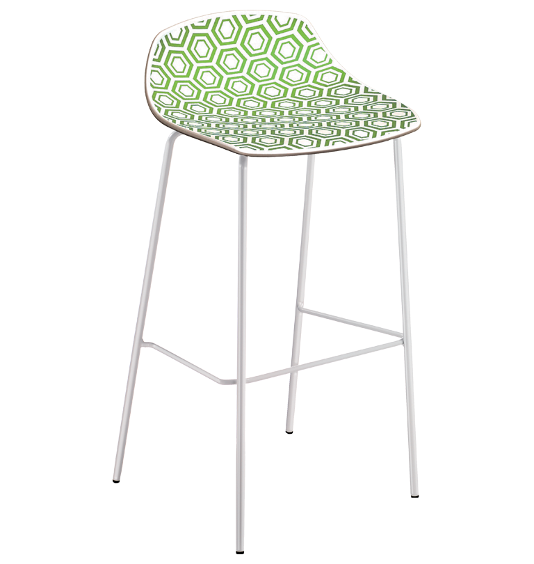 Barkruk met wit metalen frame, voetring en een zitschelp met groen bladmotief