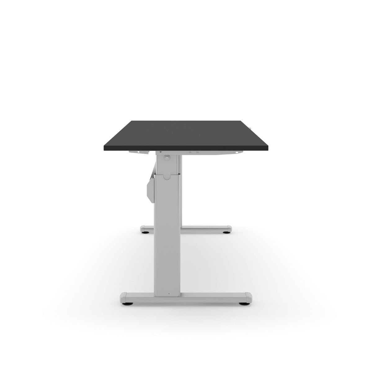 Het AF 110 bureau met zwart blad op een aluminiumkleurig frame, met de handslinger onder het blad