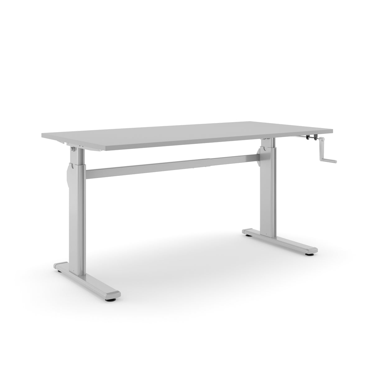 Zit-sta bureau AF 110 met lichtgrijs blad op een aluminiumkleurig T-frame met dwarsbalk en handslinger