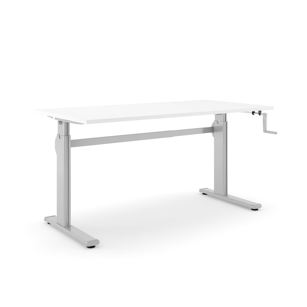 Zit-sta bureau AF 110 met wit blad op een aluminiumkleurig T-frame met handslinger