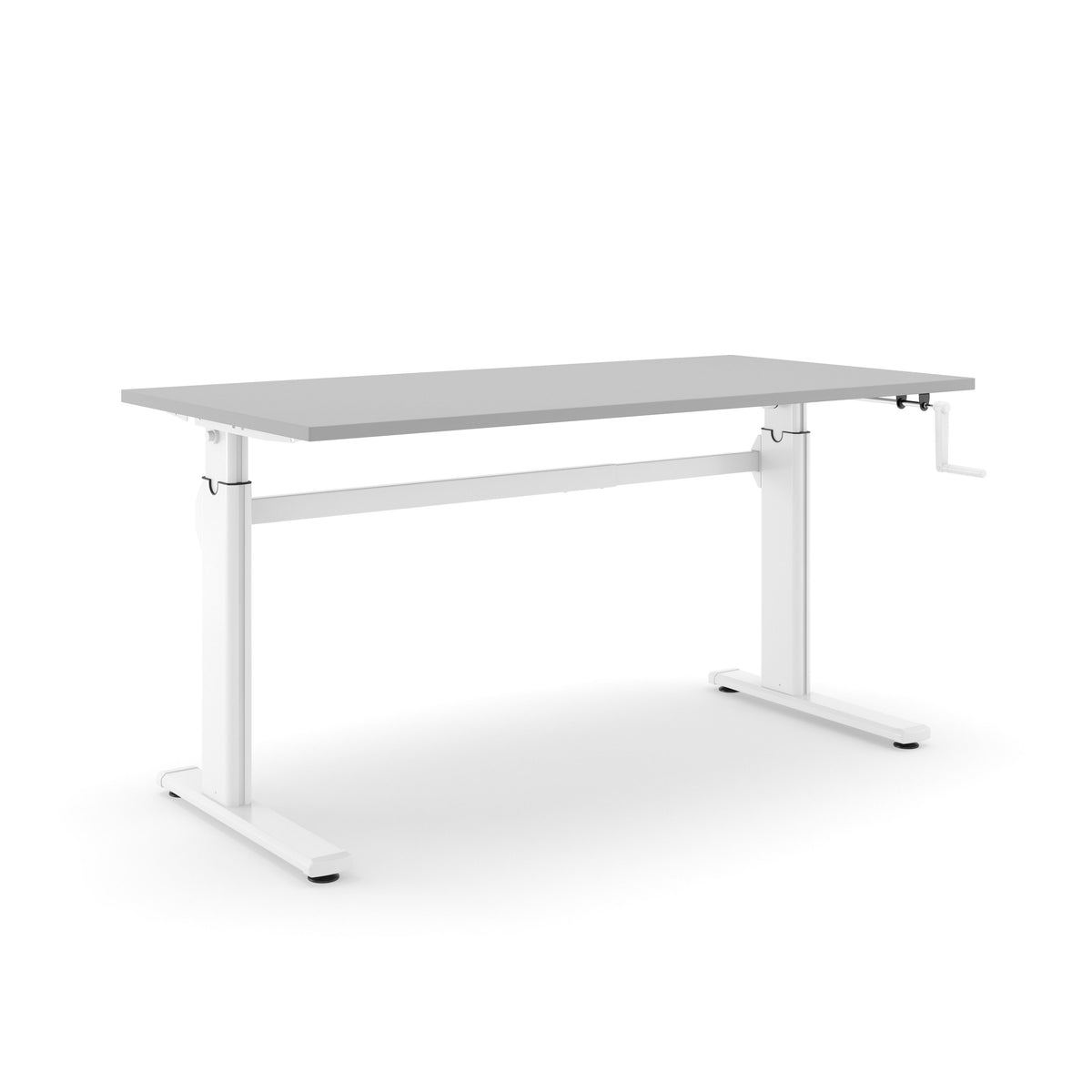 Zit-sta bureau AF 110 met lichtgrijs blad op een wit T-frame met handslinger