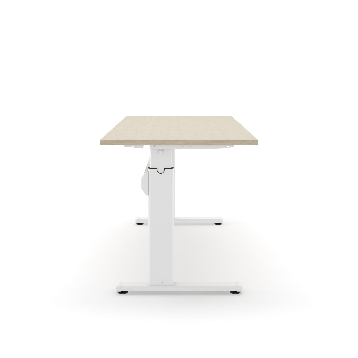 Zit-sta bureau AF 110 met blad in licht eikendecor op een wit T-frame met handslinger