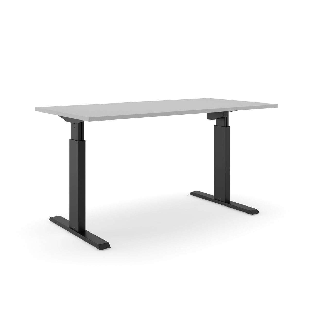 Elektrisch zit-sta bureau AF 140 met lichtgrijs blad op een zwart T-frame, schuin van voren