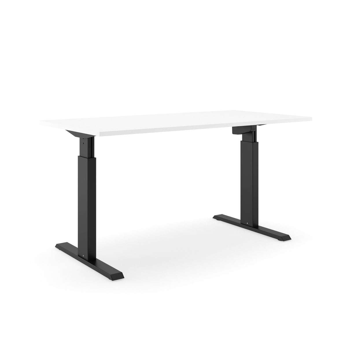 Elektrisch zit-sta bureau AF 140 met wit blad op een zwart T-frame, schuin van voren