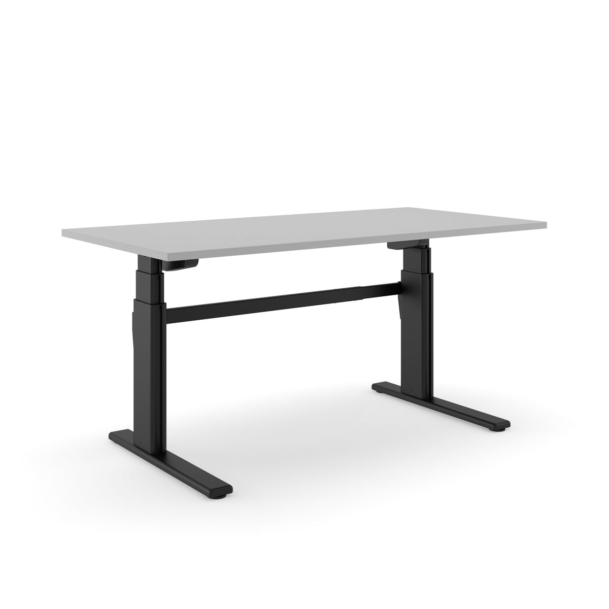 Het AF 250 bureau met lichtgrijs blad op een zwart T-frame, schuin van voren