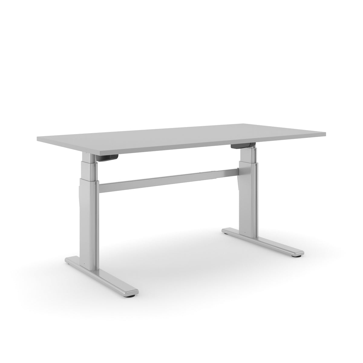 Elektrisch zit-sta bureau AF 250 met lichtgrijs blad op een aluminiumkleurig T-frame