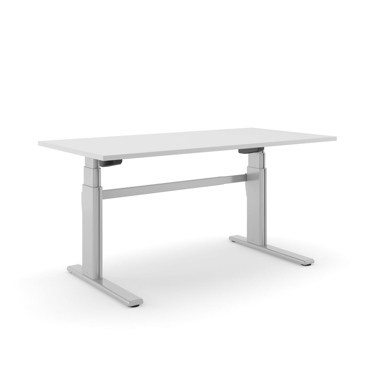 Elektrisch zit-sta bureau AF 250 met zilvergrijs blad op een aluminiumkleurig T-frame