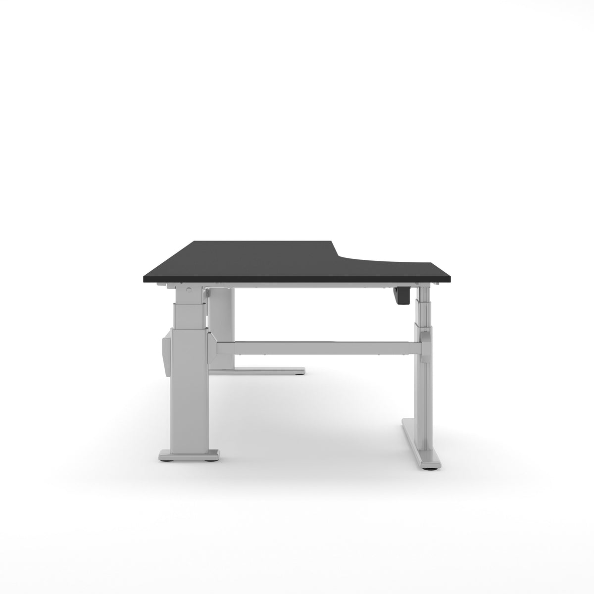Elektrisch hoekbureau AF 250 met zwart hoekblad op aluminiumkleurige T-poten
