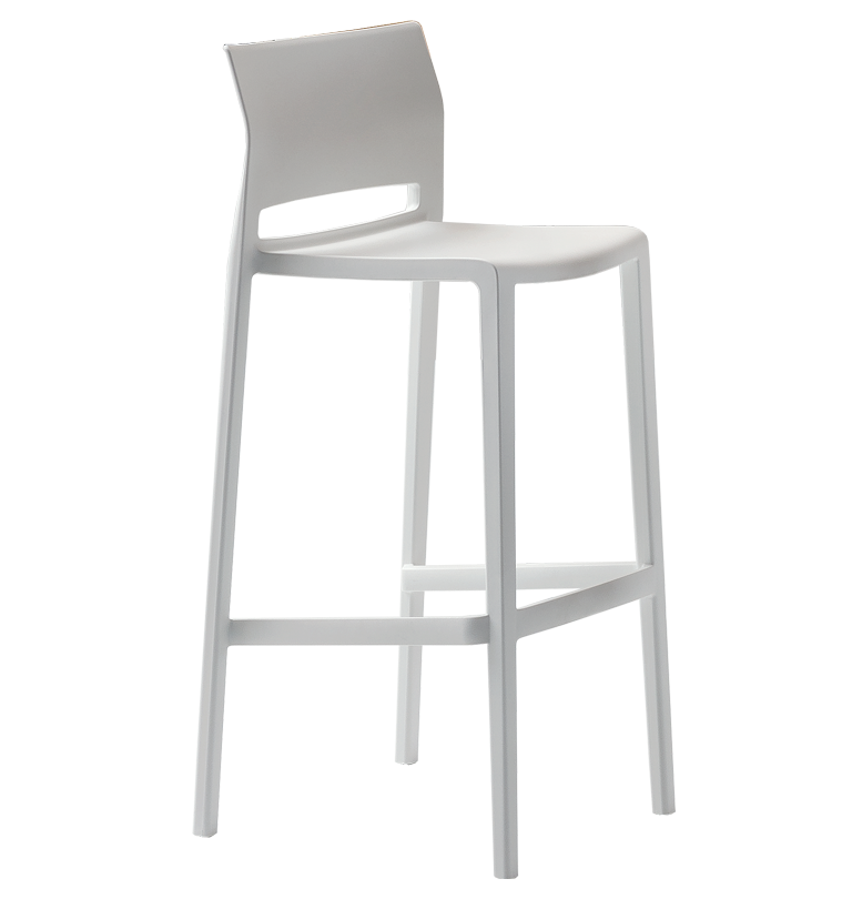 Witte kunststof barkruk met open rugleuning op een wit metalen frame met voetring