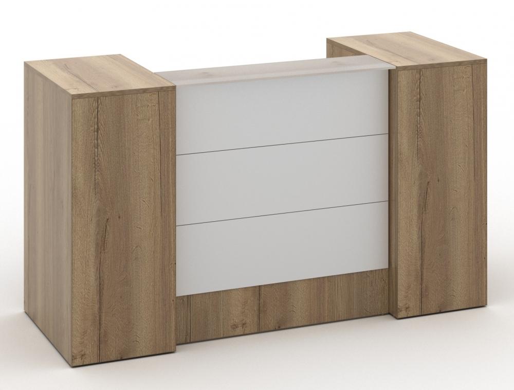 Ontvangstbalie met zijwangen in natuur eiken en een wit front met horizontale voegen