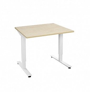 Klein bureau met licht houten blad op een wit T-frame met platte voetplaten