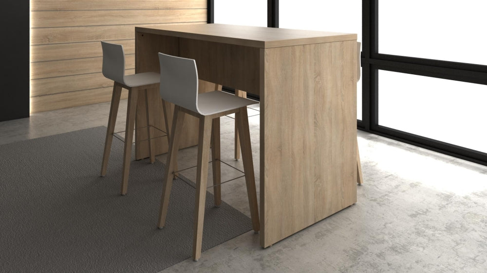 Bartafel Manager in houtdecor met barkrukken, van opzij gezien