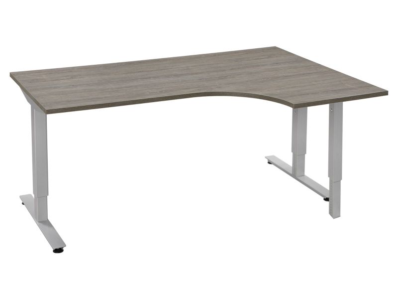 Wing-blad in grijs houtdecor met afgeronde werkhoek op een aluminiumkleurig T-frame, schuin van voren