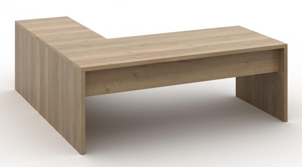 L-vormig directiebureau in natuur eiken met aanbouwtafel en gesloten zijwangen, schuin van voren