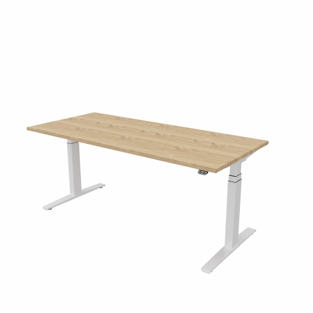 Matrix Pro Single elektrisch bureau met licht eikendecor blad op een wit onderstel