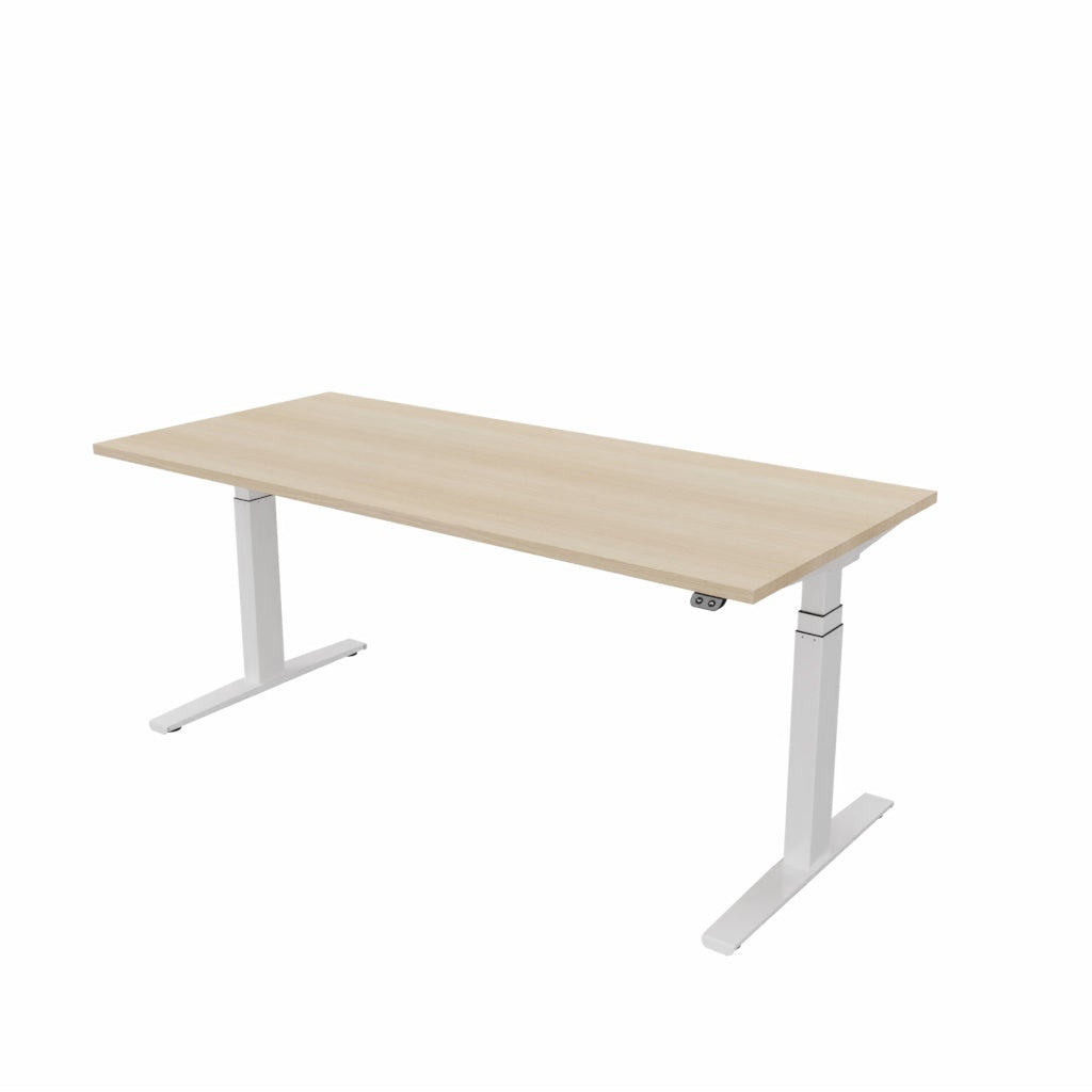 Matrix Pro Single elektrisch bureau met blank eikendecor blad op een wit onderstel