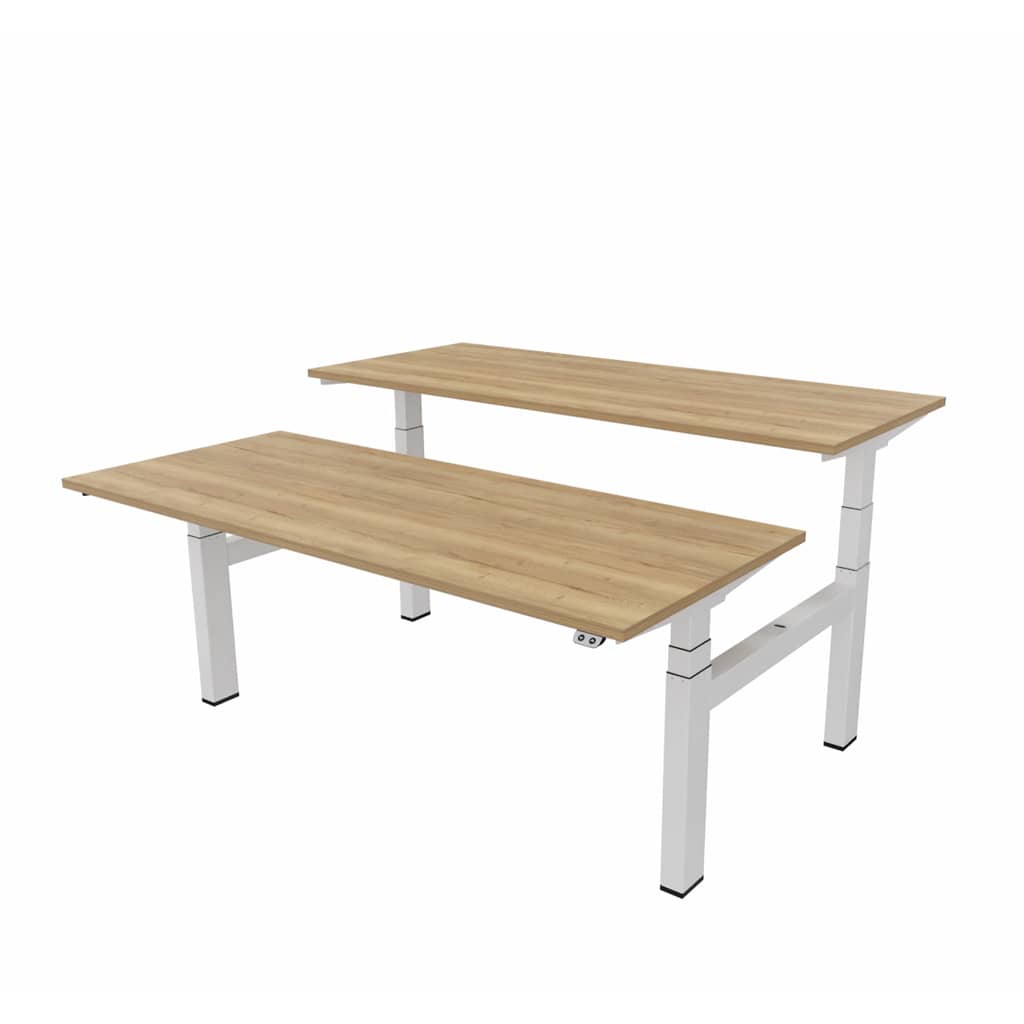 Matrix Pro Duo elektrisch bureau met eikendecor bladen op een wit onderstel