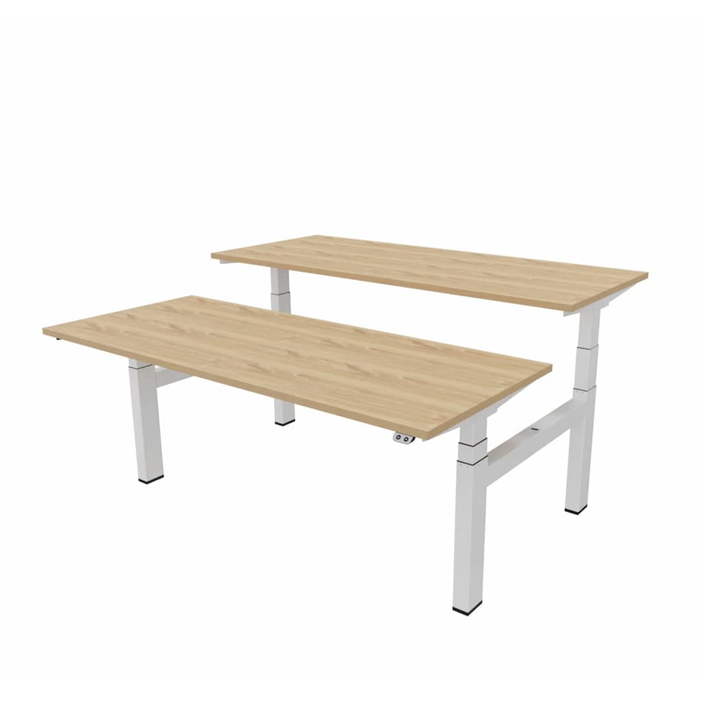 Matrix Pro Duo elektrisch bureau met licht eikendecor bladen op een wit onderstel