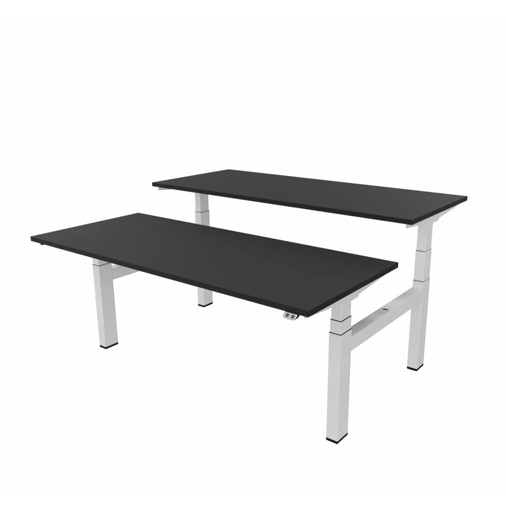Matrix Pro Duo elektrisch bureau met zwarte bladen op een wit onderstel