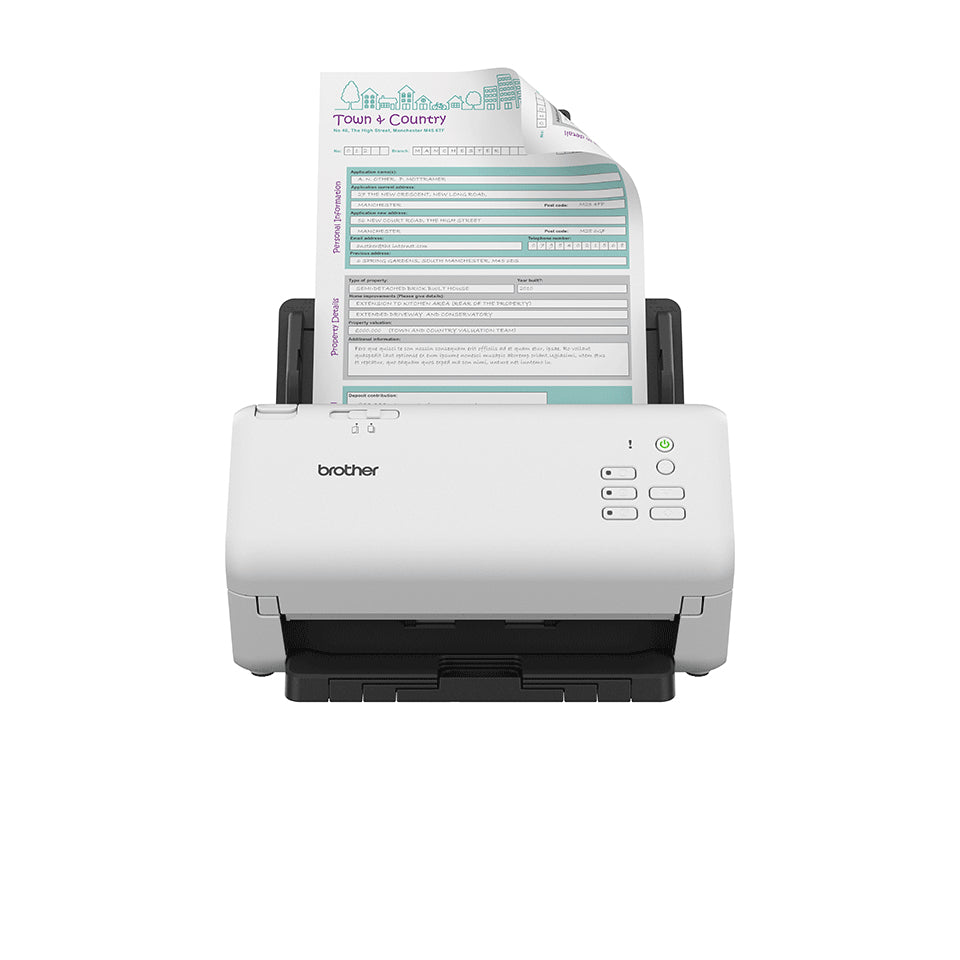 Brother ADS-4300N desktopscanner in wit met grijs, met knoppenpaneel en papier in de documentinvoer