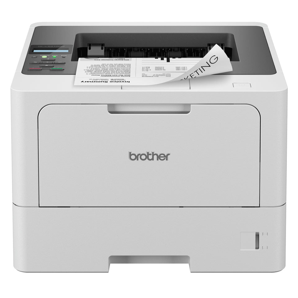 Brother HL-L5210DW laserprinter in lichtgrijs, schuin vooraanzicht met afdrukken in de uitvoerlade