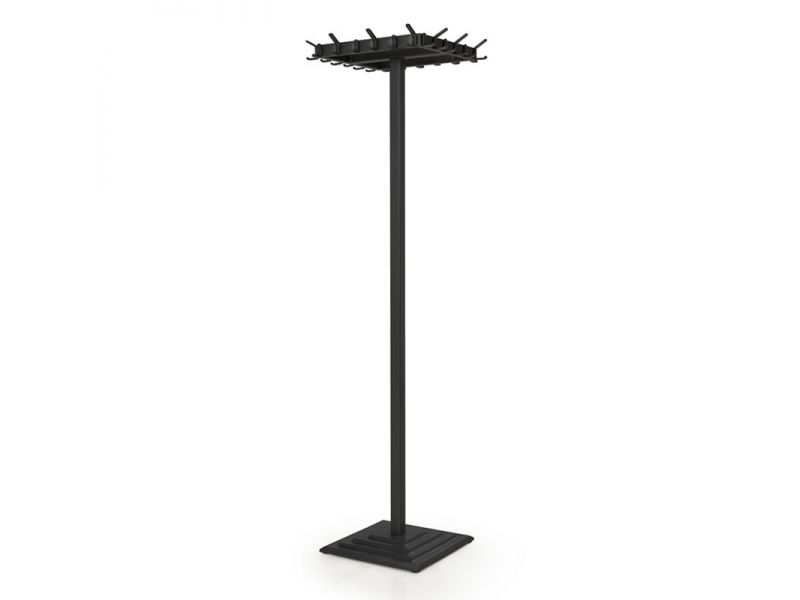 Zwarte kapstokkolom met haken rondom de bovenzijde, op een slanke stam met vierkante voetplaat