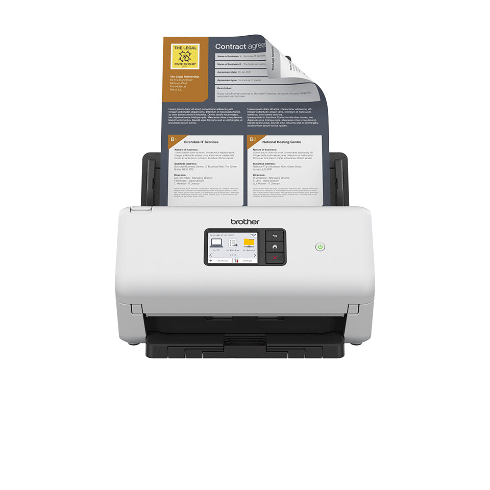 Brother ADS-4550W desktopscanner met touchscreen op het front en gekleurde documenten in de invoer