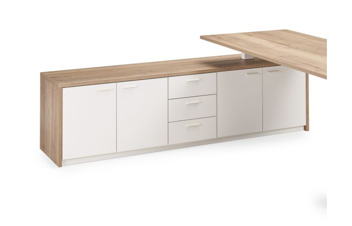 Flex 3+ manager wang-frame met witte aanbouwkast met laden en houtdecor blad