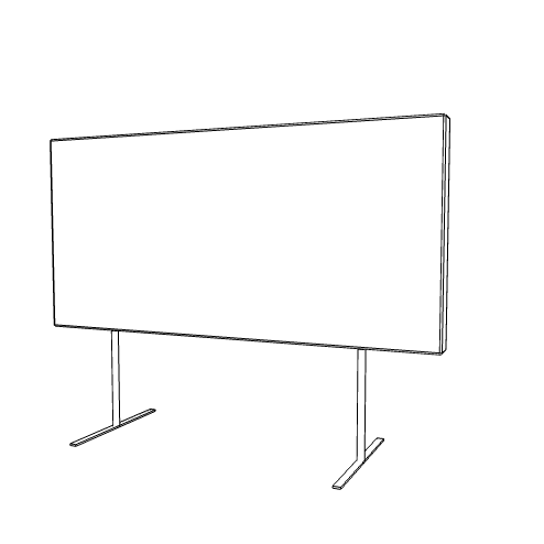 Lijntekening van de wand in perspectief, staand op twee slanke poten met platte voeten