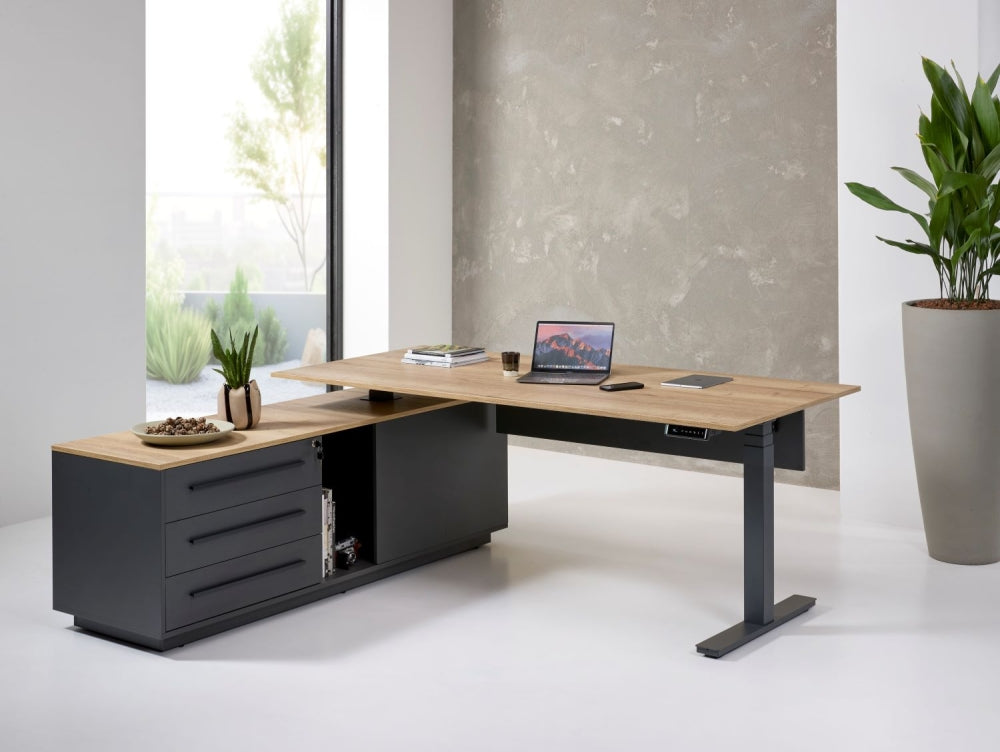 Cube elektrisch directiebureau met eikendecor blad en antraciet aanbouwkast