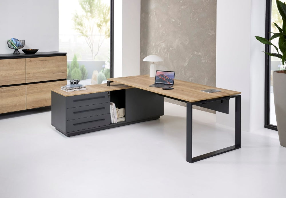 Sfeerbeeld van het bureau met aanbouwkast in een kantoor met dressoir, raampartij en plant