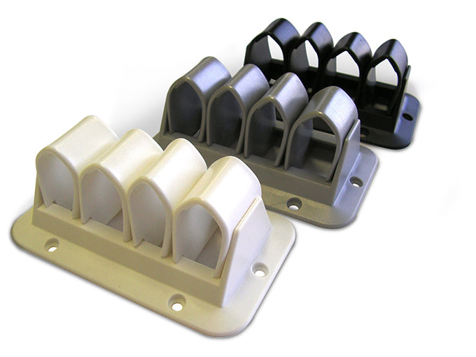 Twee kabelgrips met vier lussen, in crème en zwart, met schroefgaten in de montagevoet