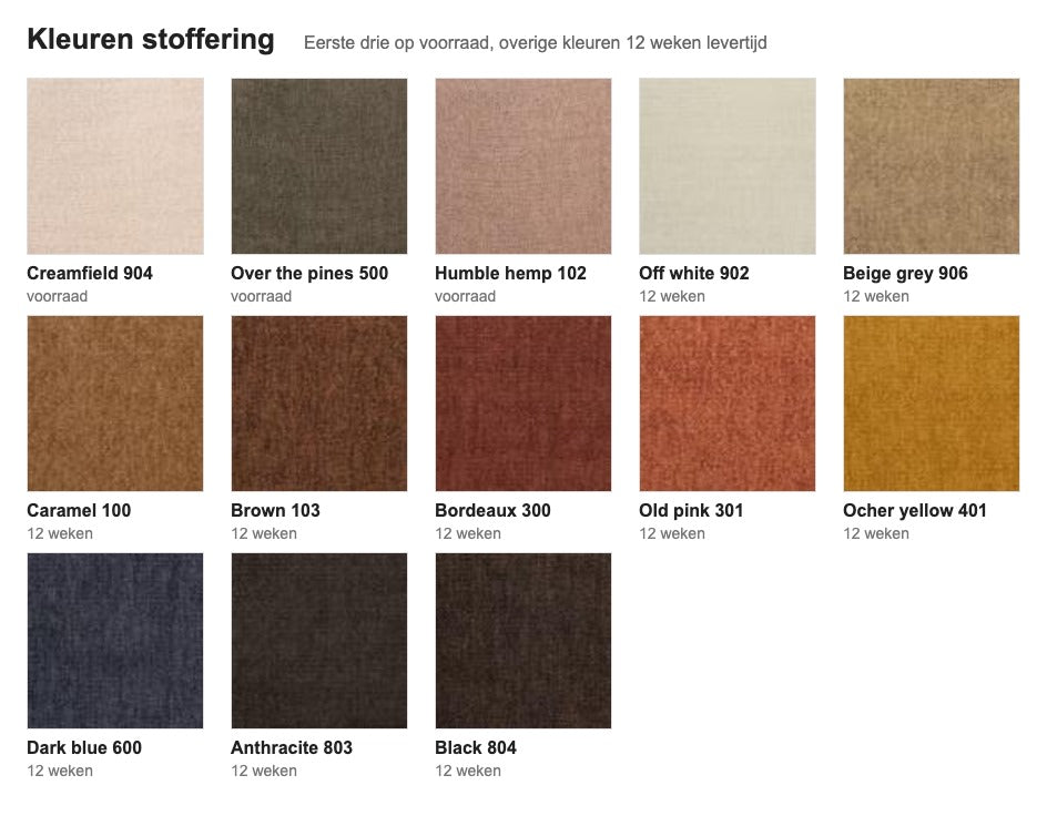 Ikata barkruk, kleurkaart met de 13 stofkleuren en levertijden