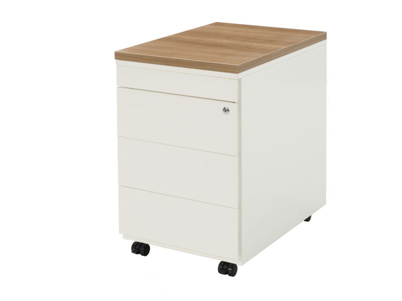 Wit metalen ladeblok met houten topblad, drie greeploze laden, slot en zwenkwielen