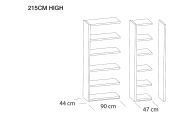 Lijntekening van open boekenkasten van 215 cm hoog met maatvoering in centimeters