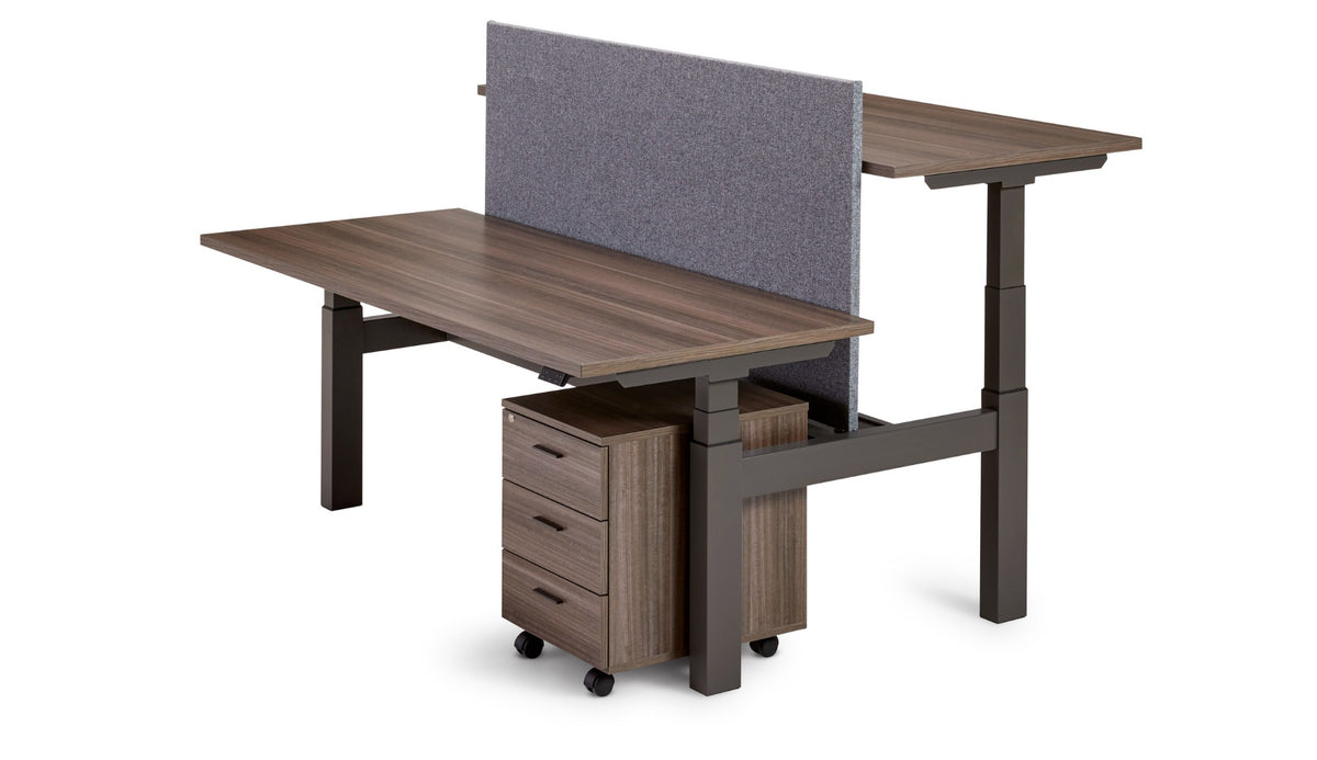 Flex 3+ bench met grijs scheidingsschot en ladenblok, beide werkplekken op verschillende hoogte ingesteld
