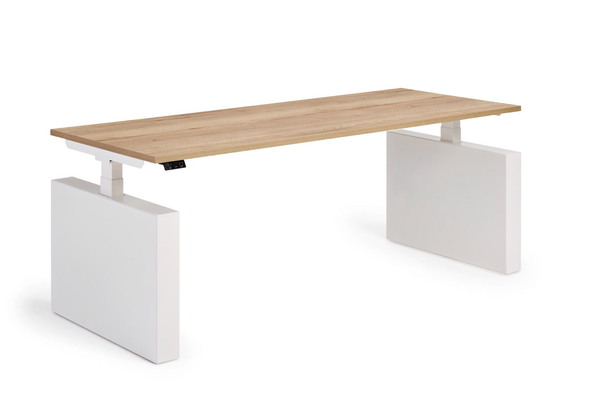Flex 3+ wang zit-sta bureau met witte wangenpoot en licht houtdecor blad