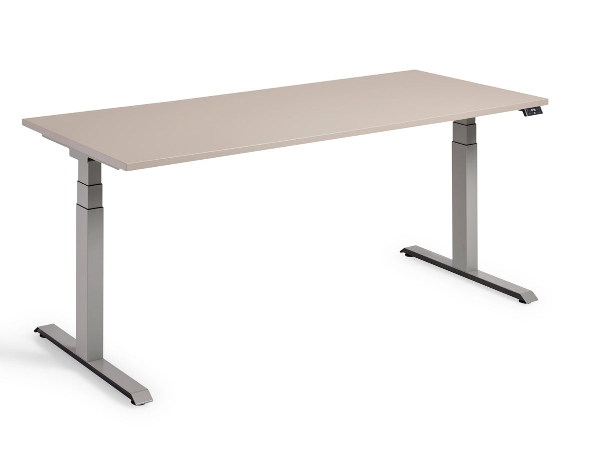 Flex 3+ zit-sta bureau in de laagste stand, steengrijs frame met T-poten