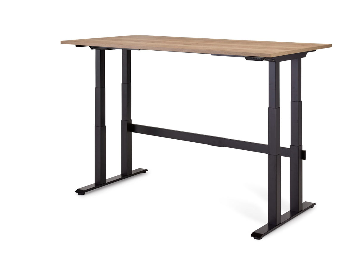 Zit-sta bureau met zwart frame met vier poten en een houtkleurig blad