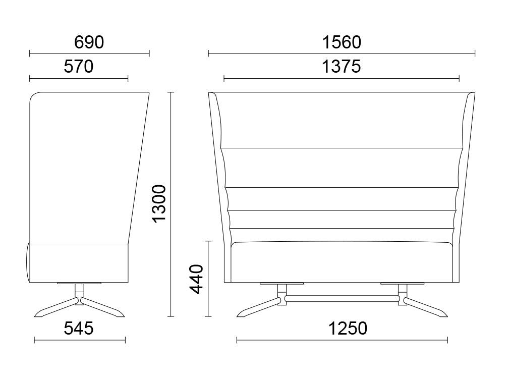 Maatschets van de Cell 128 tweezitsbank: breedte 156 cm, hoogte 130 cm en zithoogte 44 cm
