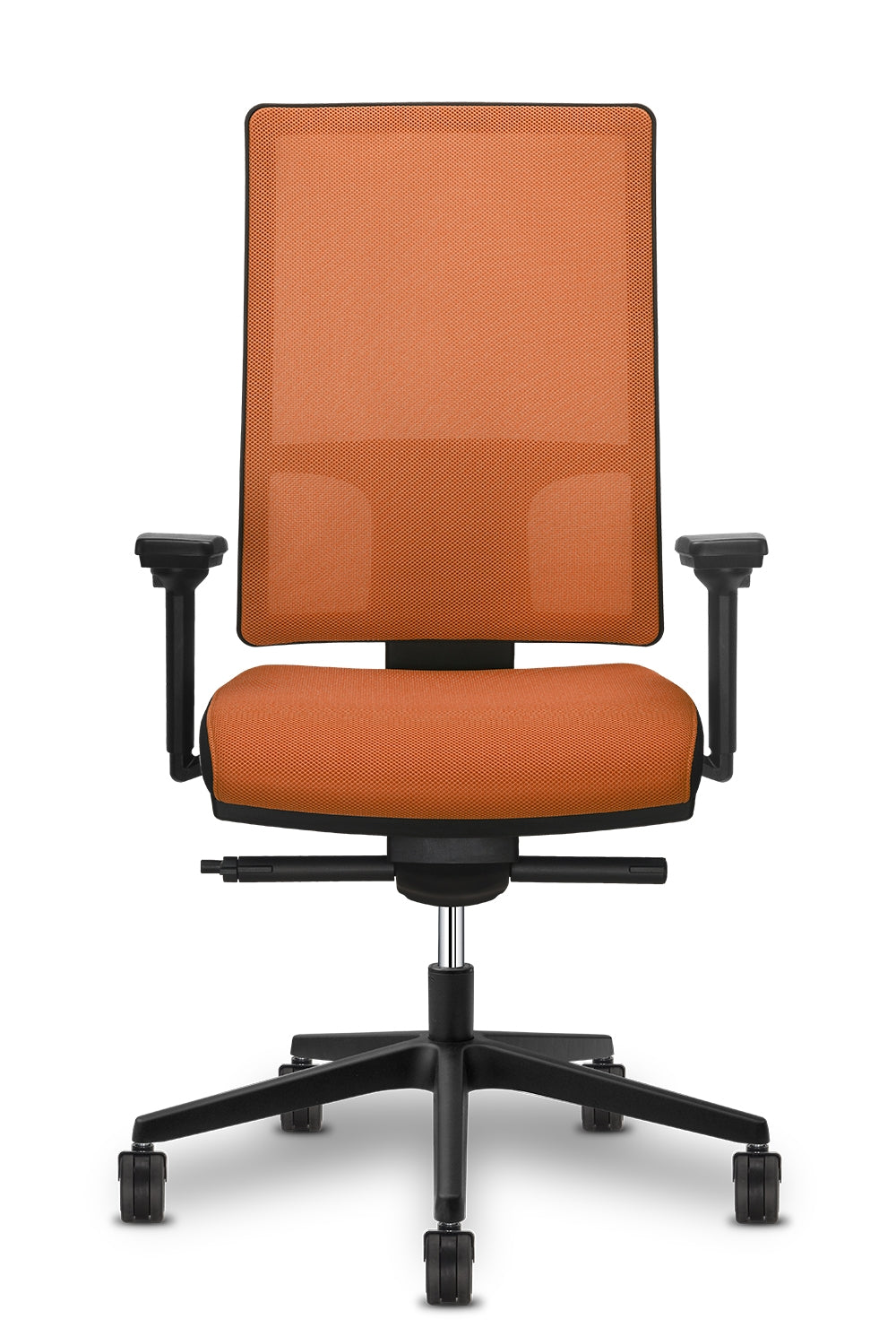 Zijaanzicht van de Mesh-Line met oranje mesh rug en oranje zitting op een zwart voetkruis