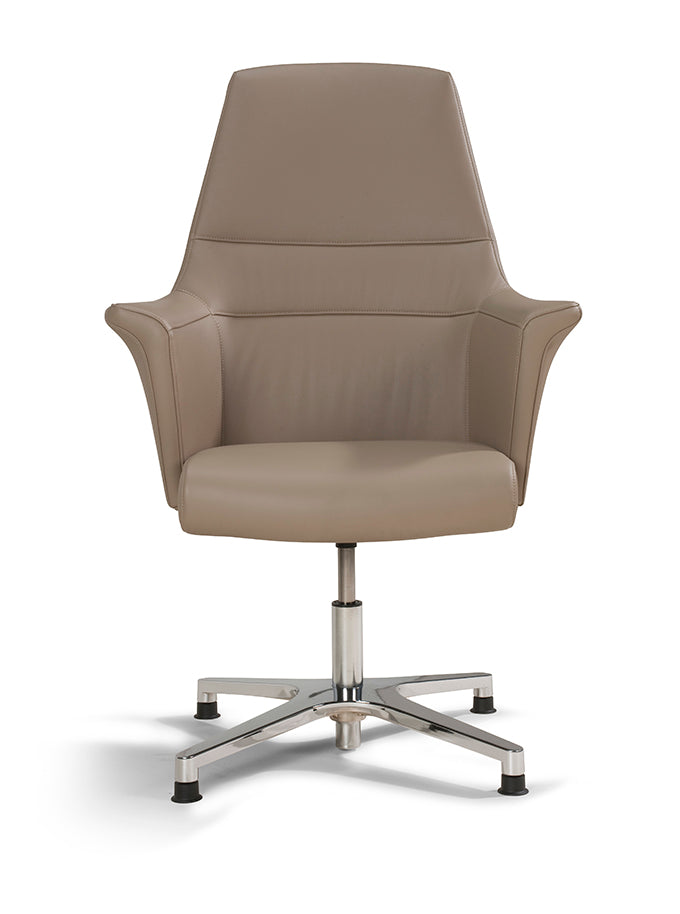 Of Course vergaderstoel in taupe leder, vooraanzicht op een aluminium voetkruis