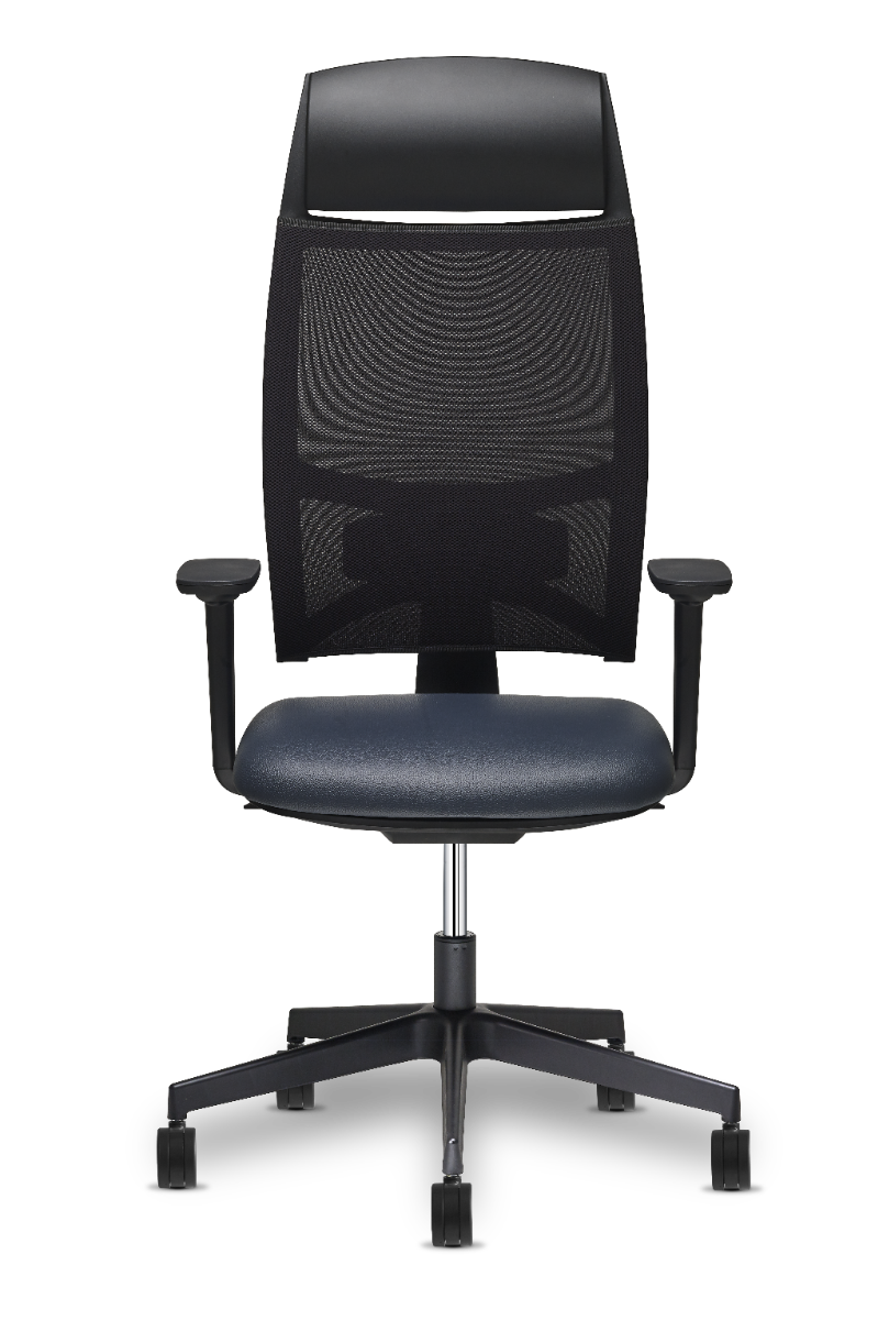 Team Strike Evo Executive in zwart met hoofdsteun en donkerblauwe zitting, vooraanzicht