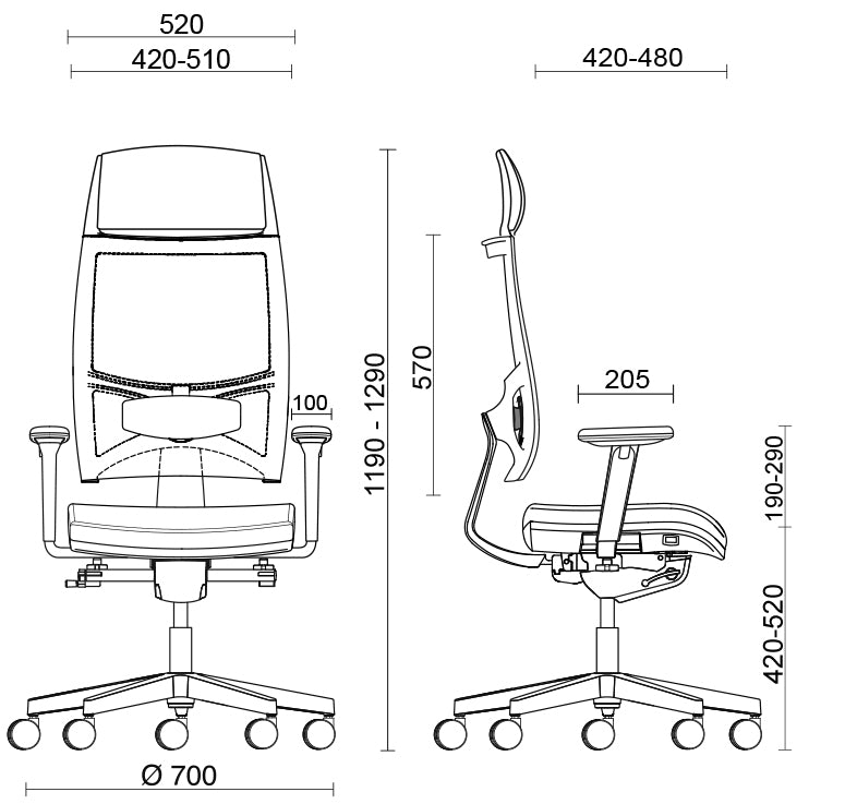 Maatvoering van de Team Strike executive: breedte 52 cm, zithoogte 42 tot 52 cm, hoogte 119 tot 129 cm, voetkruis Ø 70 cm
