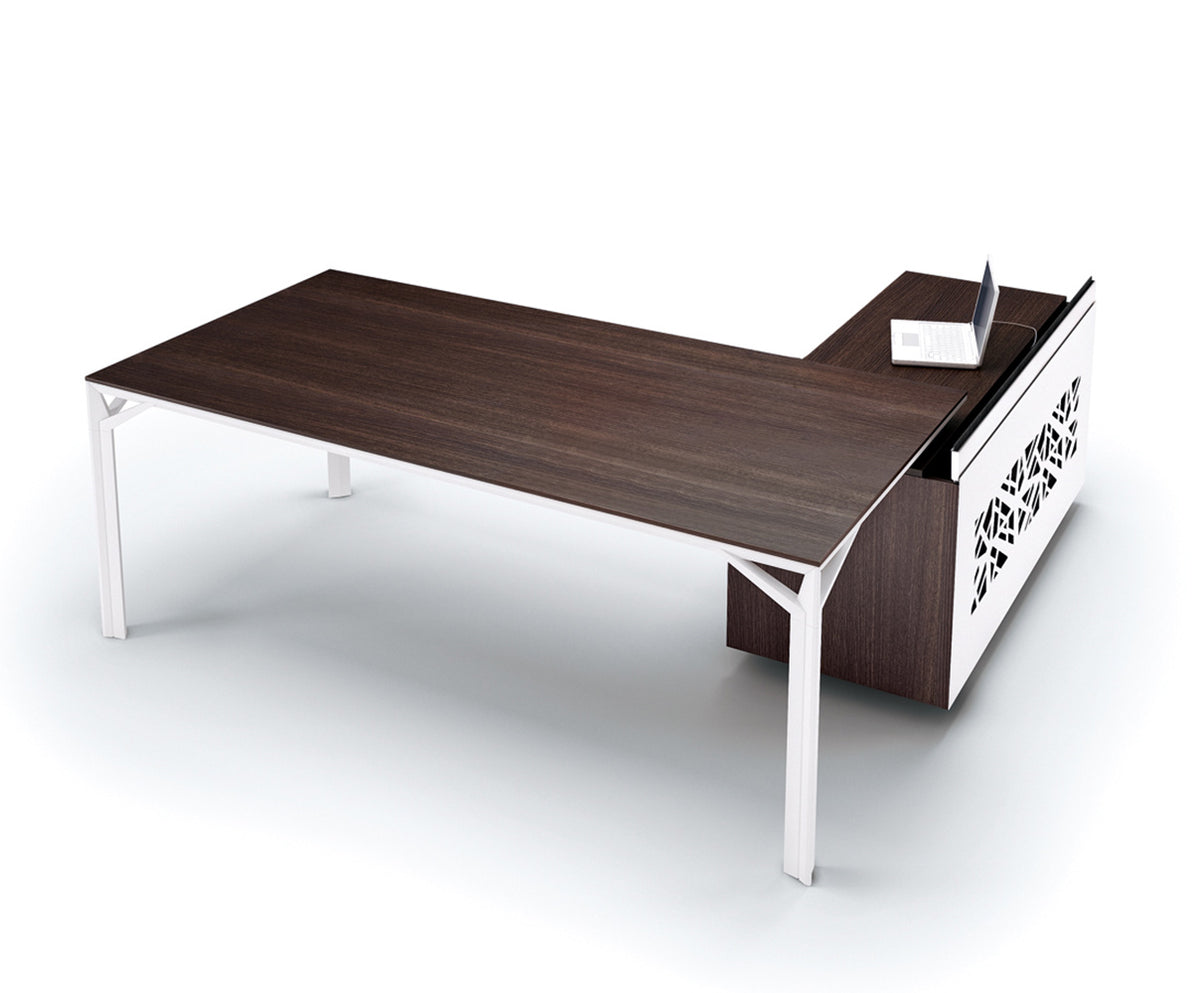 X8 directie hoekbureau in donker houtdecor met witte aanbouw