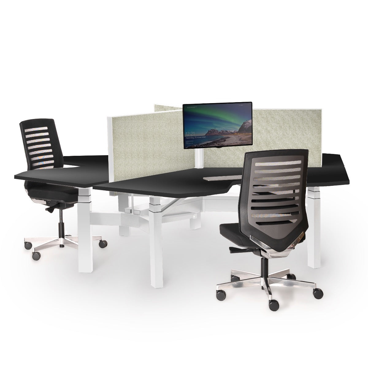 Wing Trio werkeiland met zwarte bladen en wit onderstel, ingericht met stoelen