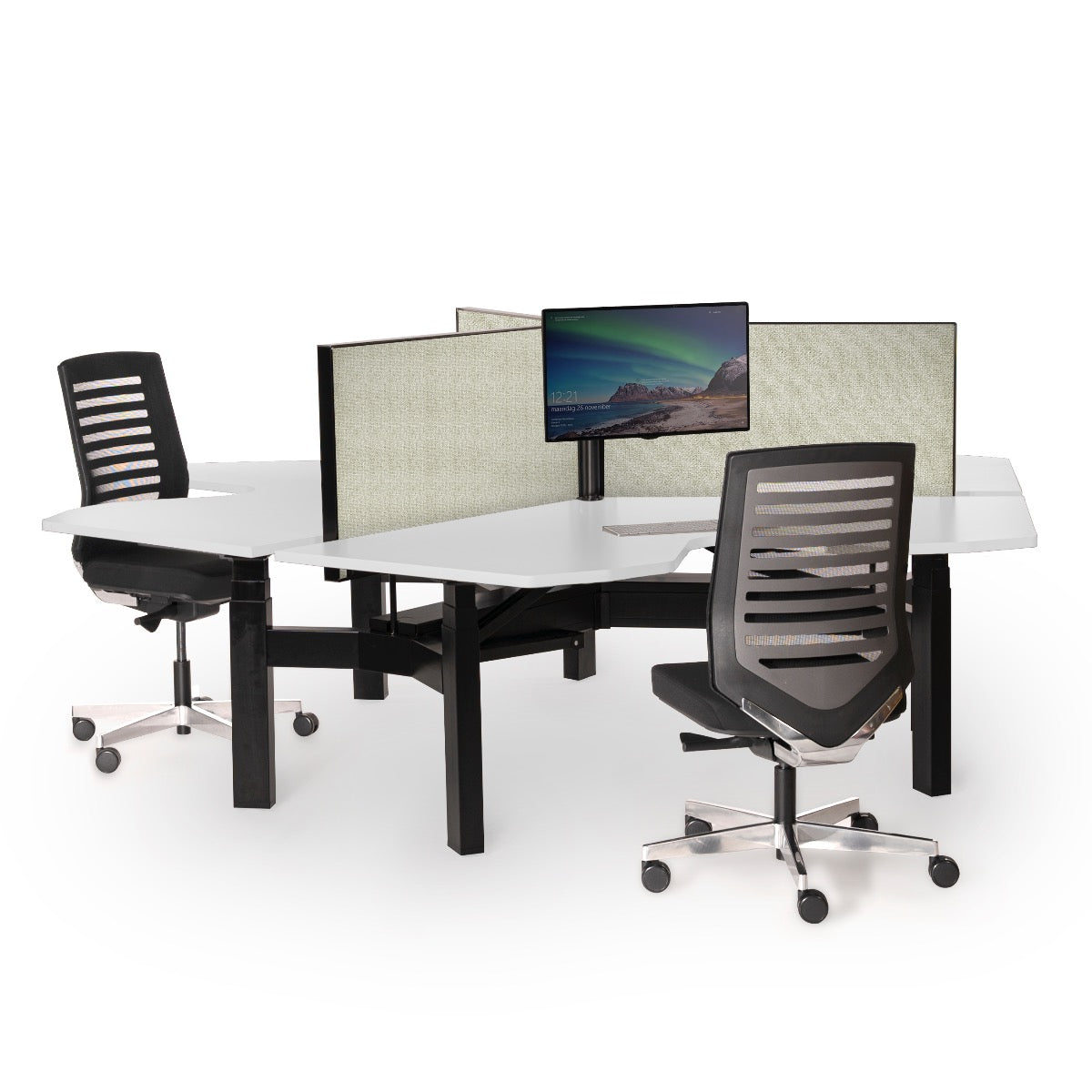 Wing Trio werkeiland met witte bladen en zwart onderstel, ingericht met stoelen